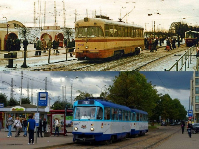 10. tramvajs galapunktā 80tajos gados un mūsdienās.