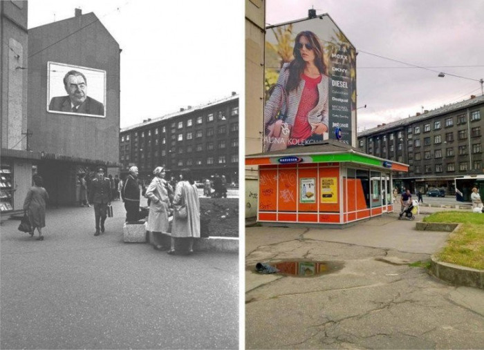Brīvības, Miera un Matīsa ielu krustojums 70to gadu beigās un 2014. 