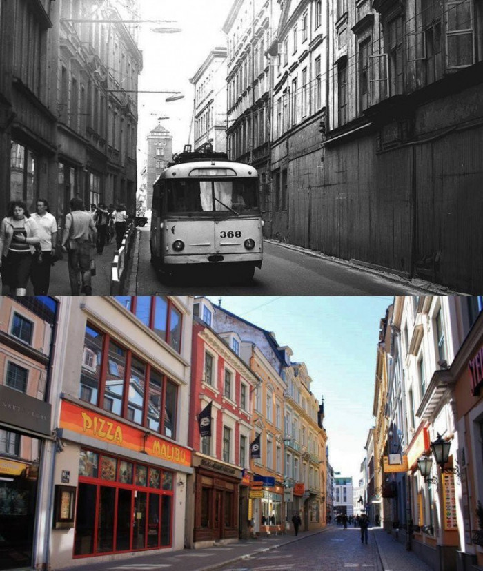 Kaļķu iela Vecrīgā 1981. gadā un mūsdienās.