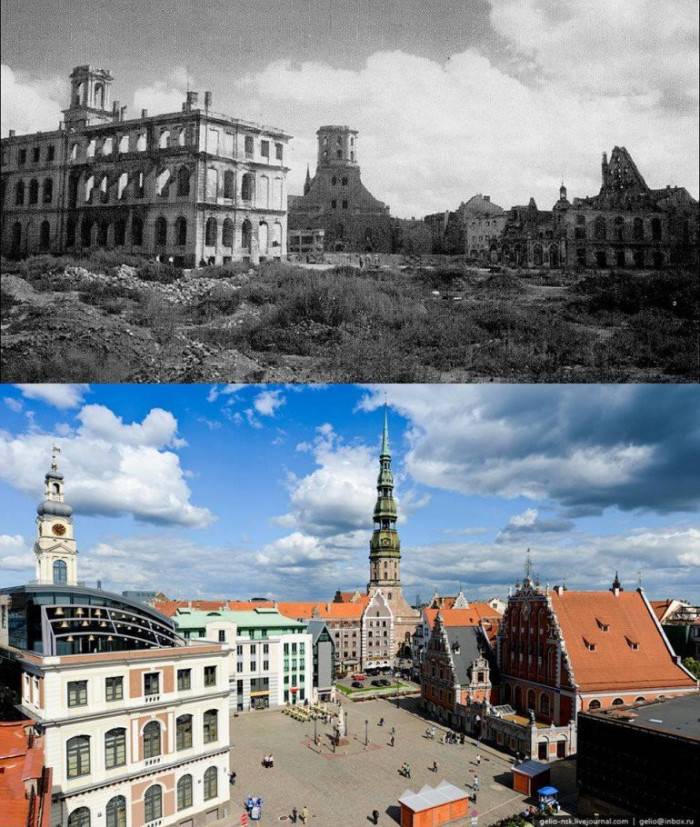 Rātslaukums 1944. gadā un 2015. gadā.